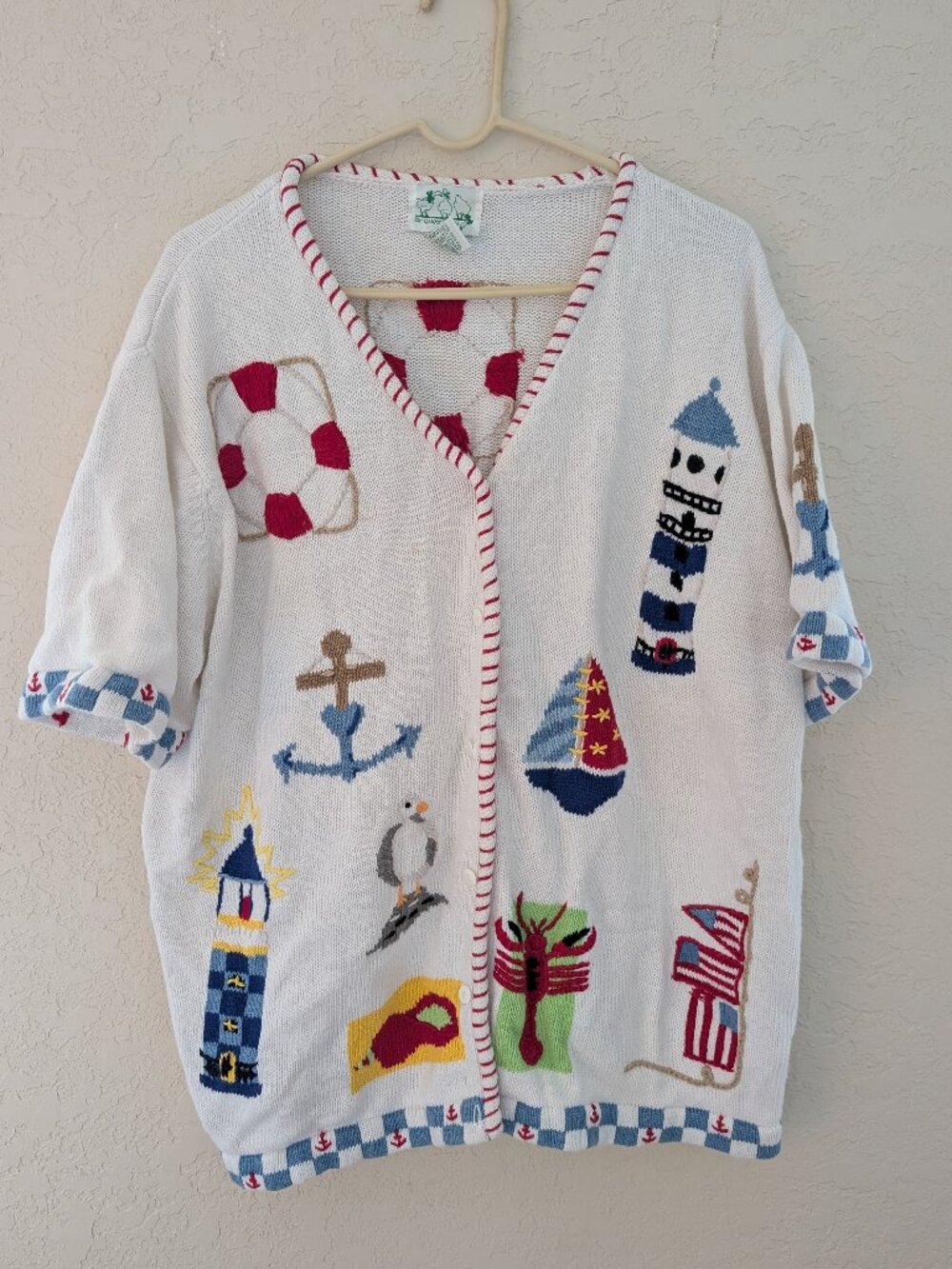 Vintage The Quacker Factory Coastal Summer Sailboat Lighthouse Cardigan Size 2X